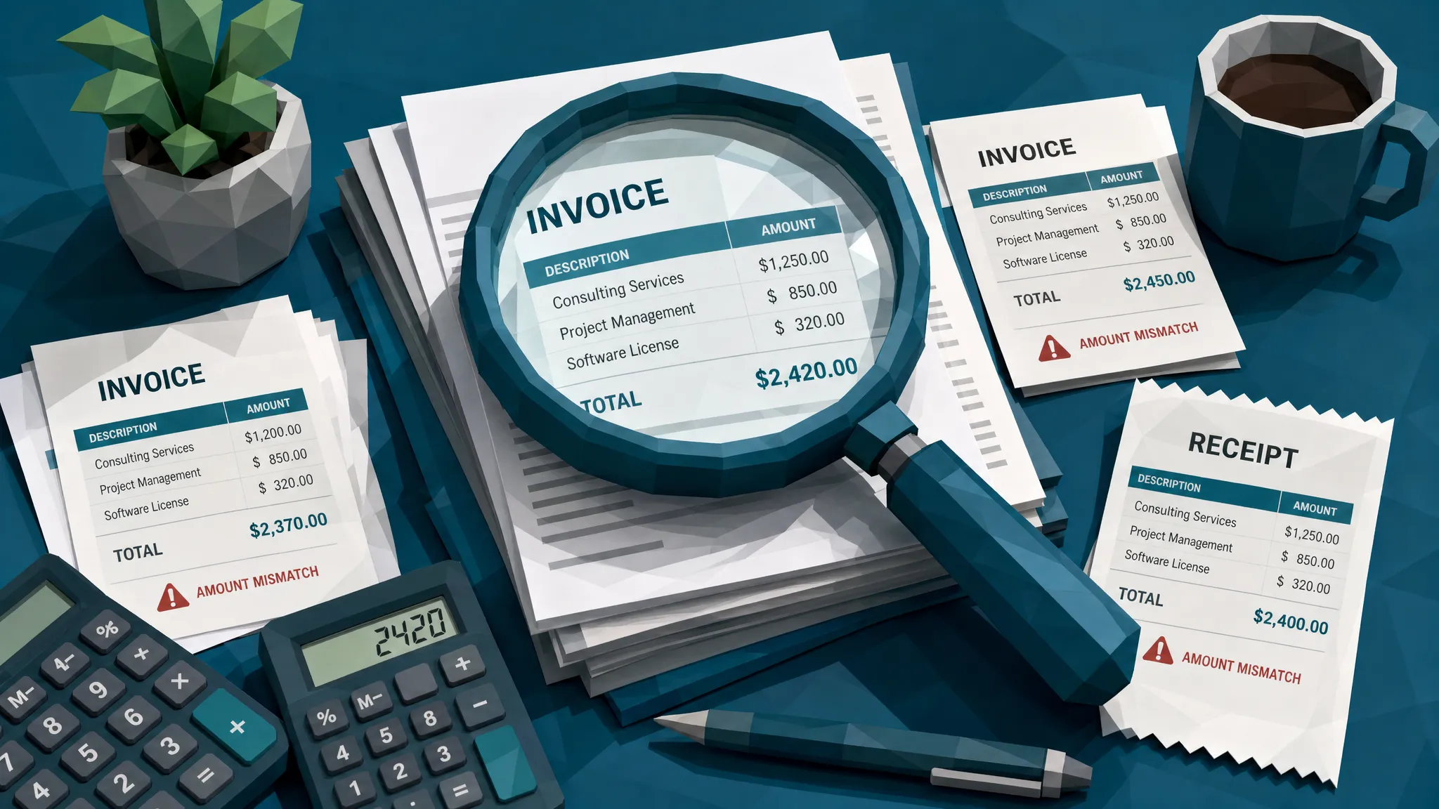 A magnifying glass rests over a stack of invoices and receipts with subtle mismatched fonts, altered totals, and repeated layout patterns visible across the documents.
