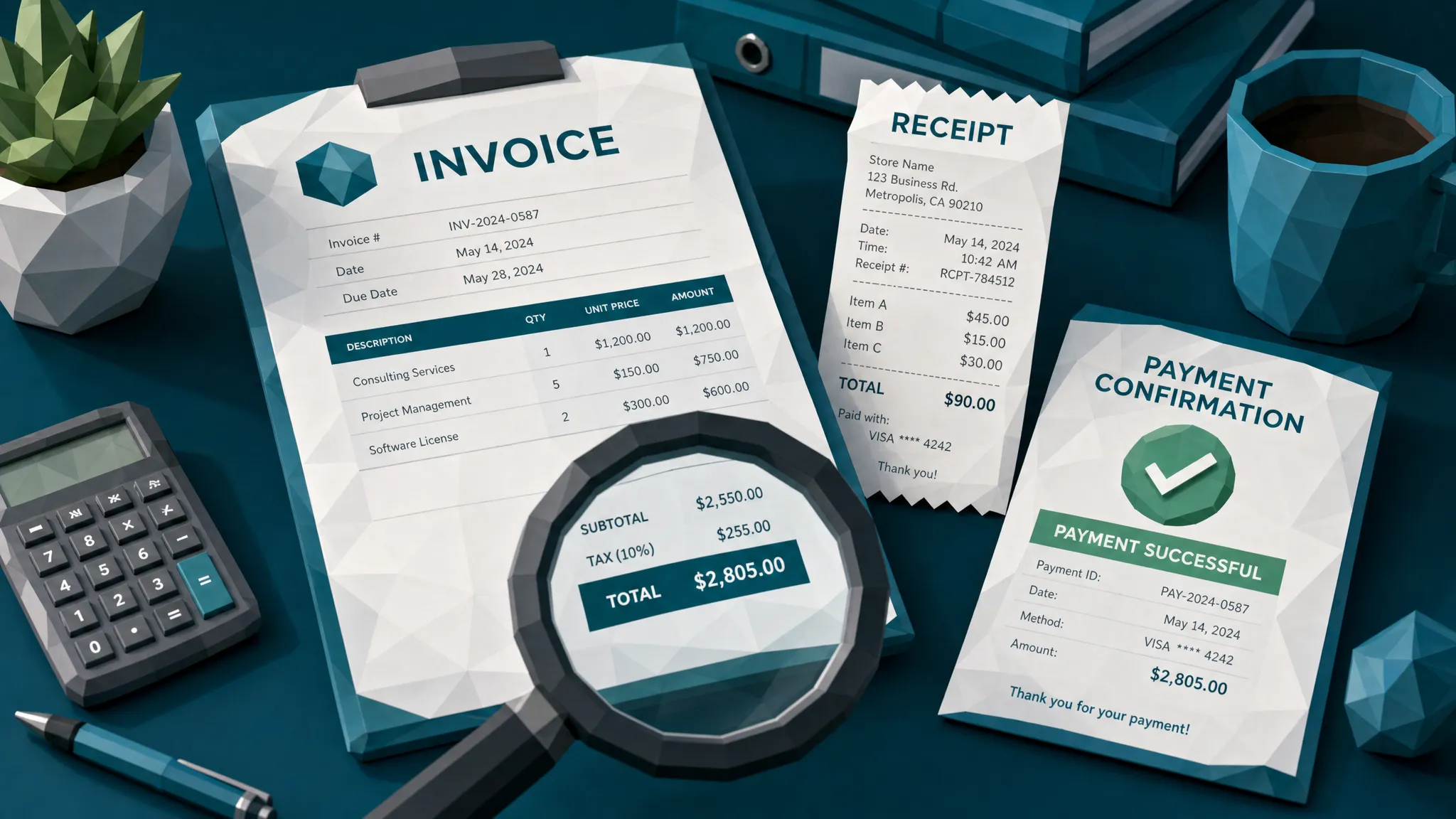 A close-up scene of an invoice, a receipt, and a payment confirmation arranged on a desk, with visible magnifying glass focus on subtle document details such as totals, dates, and payment information.