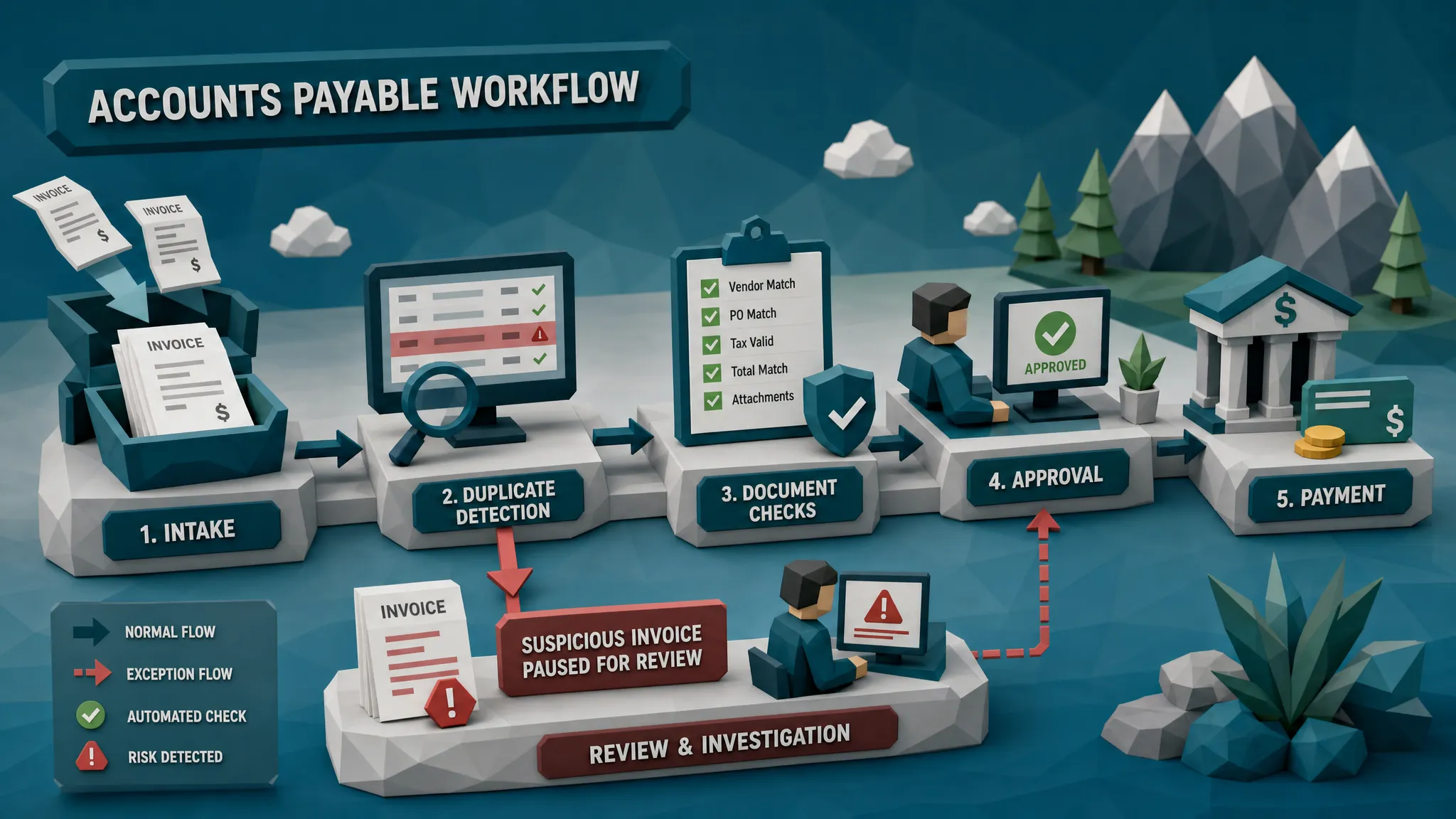 A simplified accounts payable workflow showing invoices entering intake, moving through duplicate detection and document checks before approval, then payment, with a suspicious invoice paused for review.