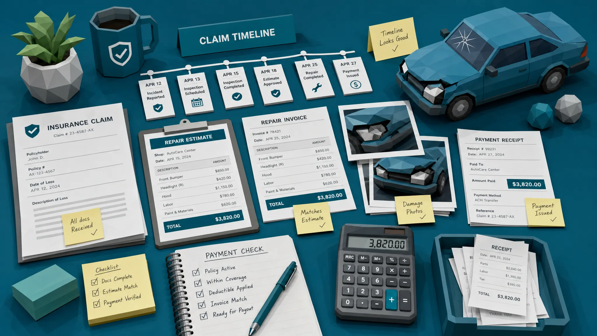 A tabletop covered with printed claim documents, repair invoices, receipts, damage photos, sticky notes, and a calculator, arranged for a timeline and payment check.