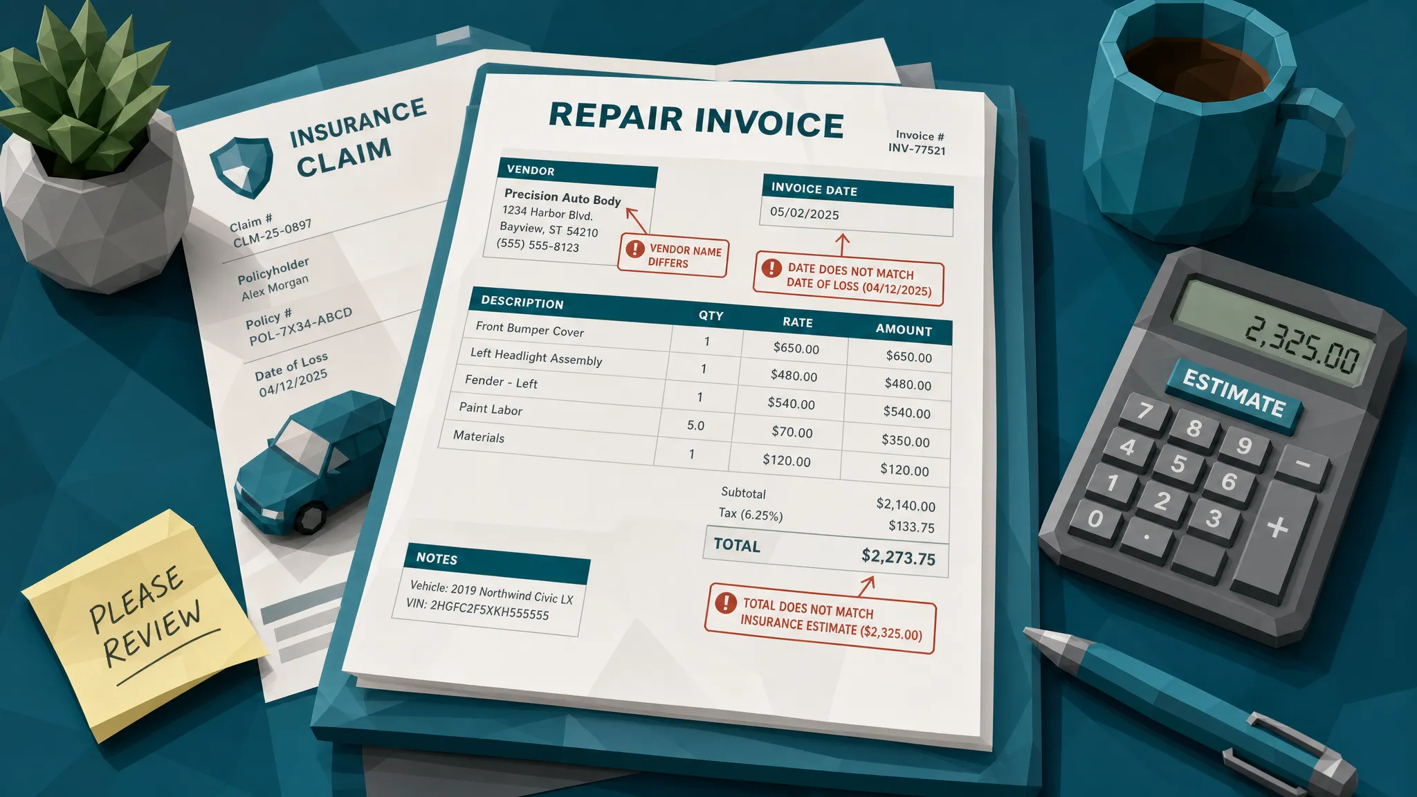 A close-up of insurance claim documents on a desk, centered on a repair invoice with subtle inconsistencies in totals, dates, and vendor details marked for review.