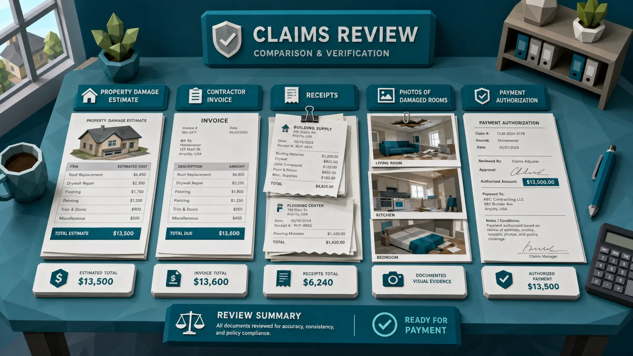 A claims review table with a property damage estimate, contractor invoice, receipts, photos of damaged rooms, and payment authorization forms arranged side by side for comparison.