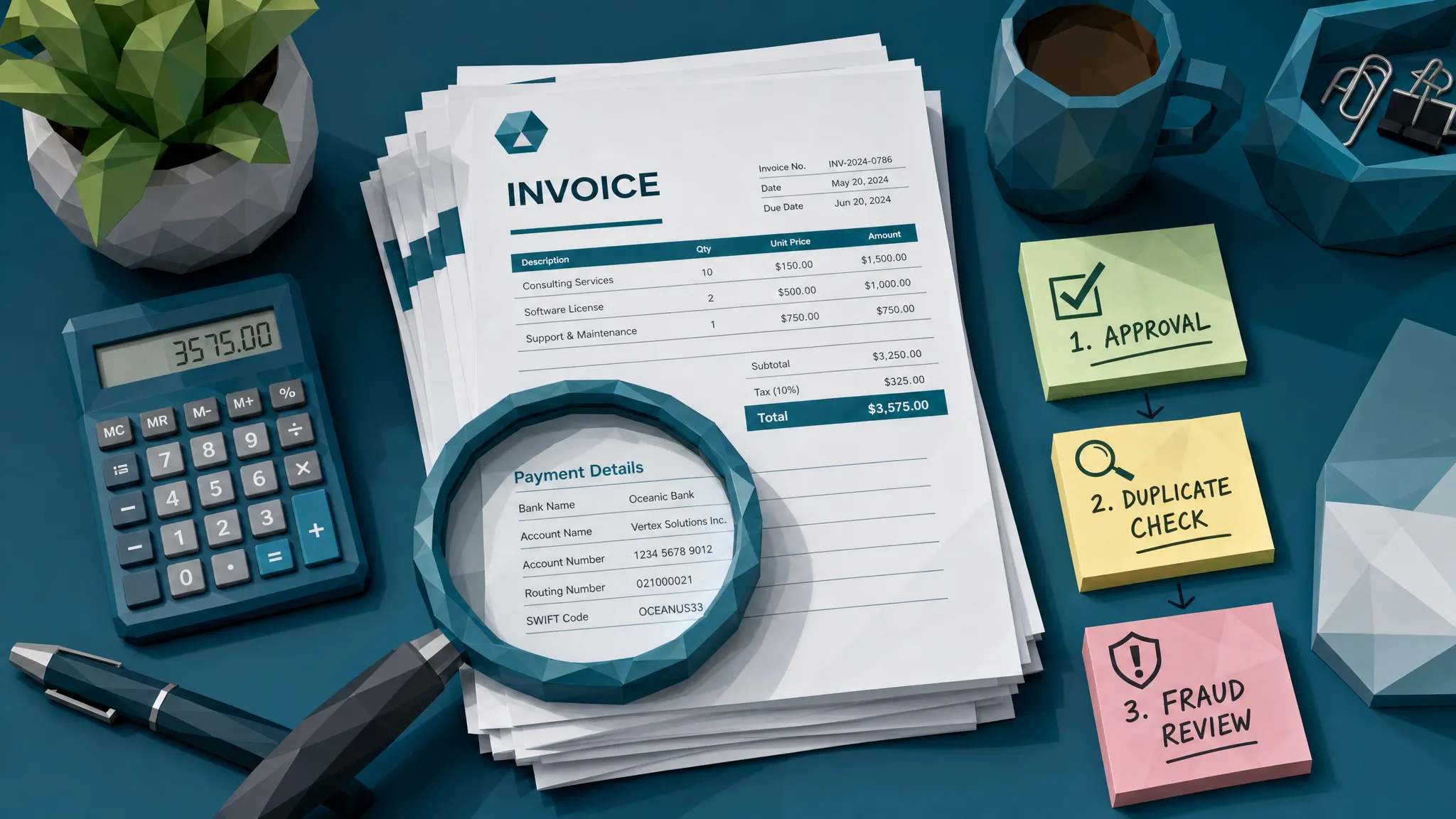 An overhead view of stacked invoices, a magnifying glass over payment details, and sticky notes marking approval, duplicate check, and fraud review steps on a finance desk.
