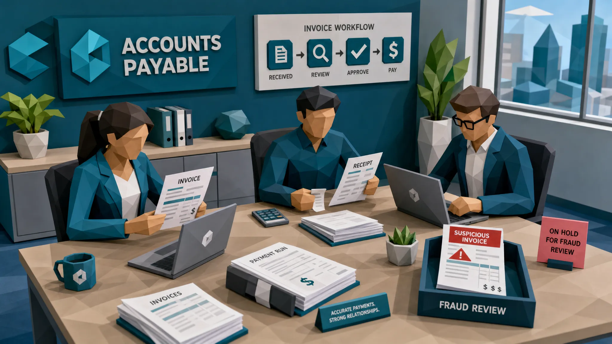 An accounts payable team reviews invoices, receipts, and payment details at a shared desk, with one suspicious invoice set aside for fraud review before approval.