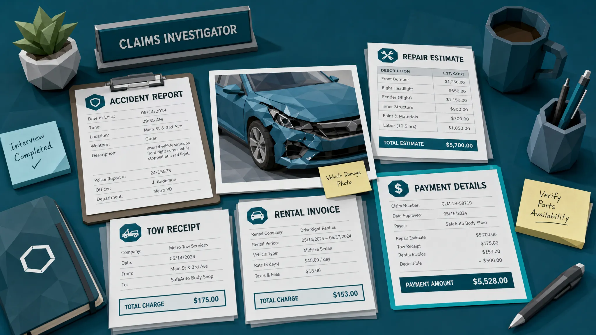 A claims investigator table with an accident report, repair estimate, tow receipt, rental invoice, and highlighted payment details arranged around a vehicle damage photo, viewed from slightly overhead.