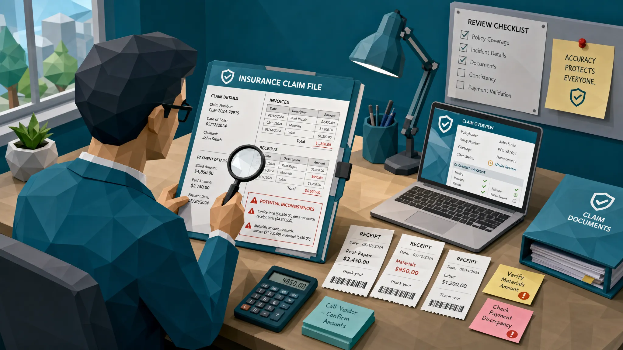 A claims reviewer examining an insurance claim file with invoices, receipts, payment details, and highlighted document inconsistencies on a desk.