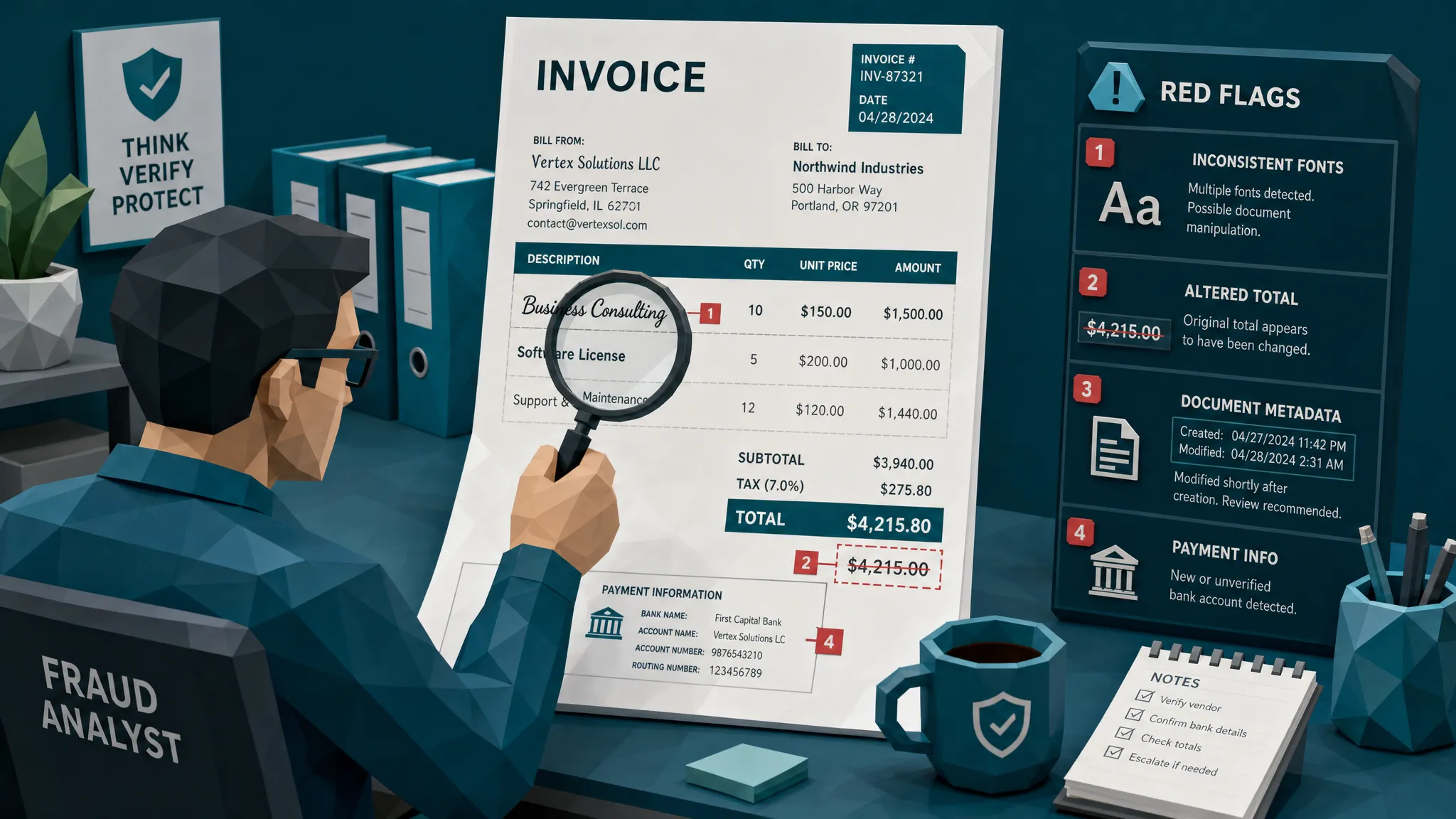 A fraud analyst reviewing a suspicious invoice at a desk with a magnifier over inconsistent fonts, altered totals, metadata notes, and payment information, with the invoice as the clear focal point.
