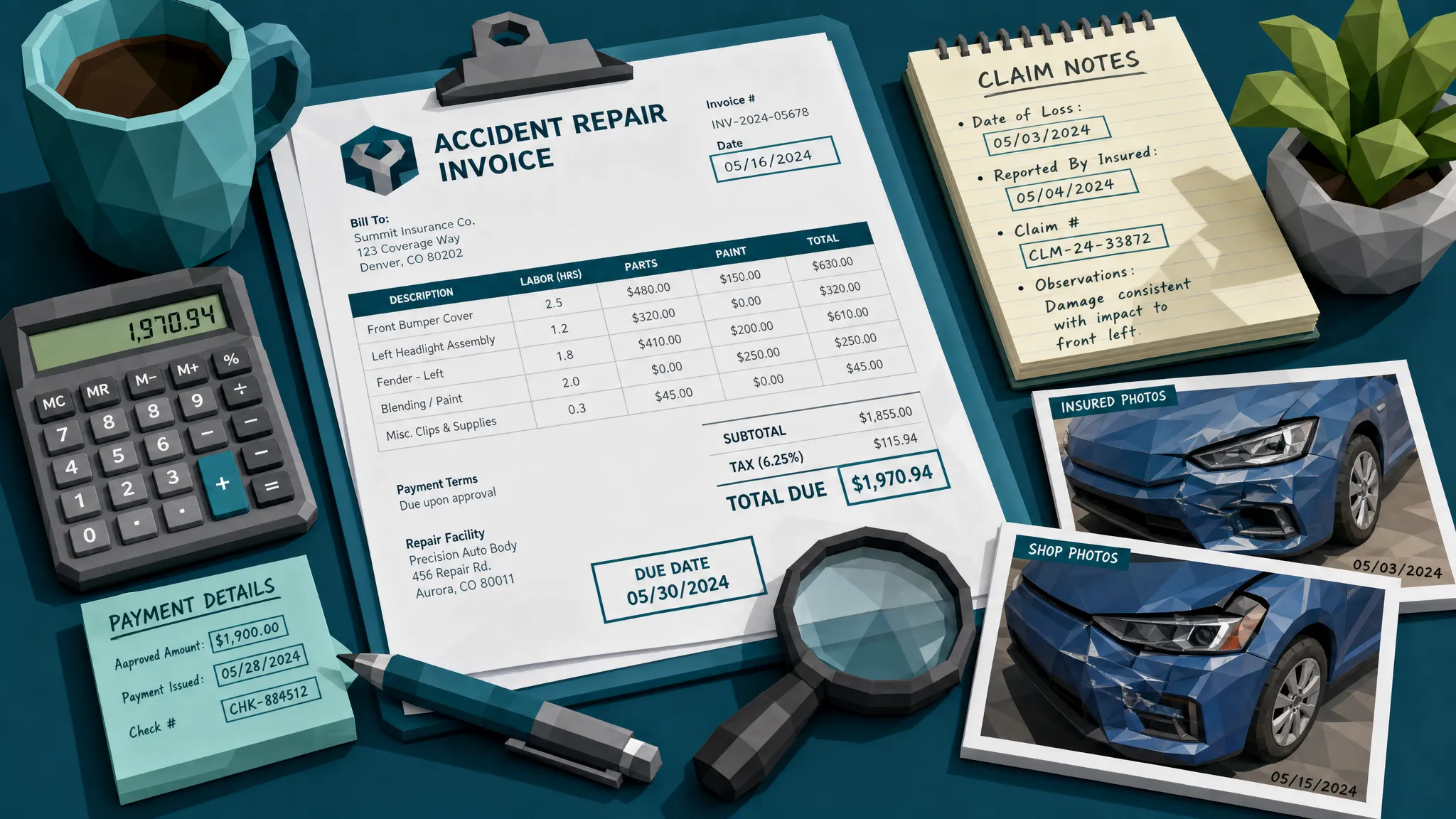 A close-up view of an accident repair invoice beside claim notes, a calculator, and vehicle damage photos, with dates, totals, and payment details emphasized as clues fraud reviewers compare.