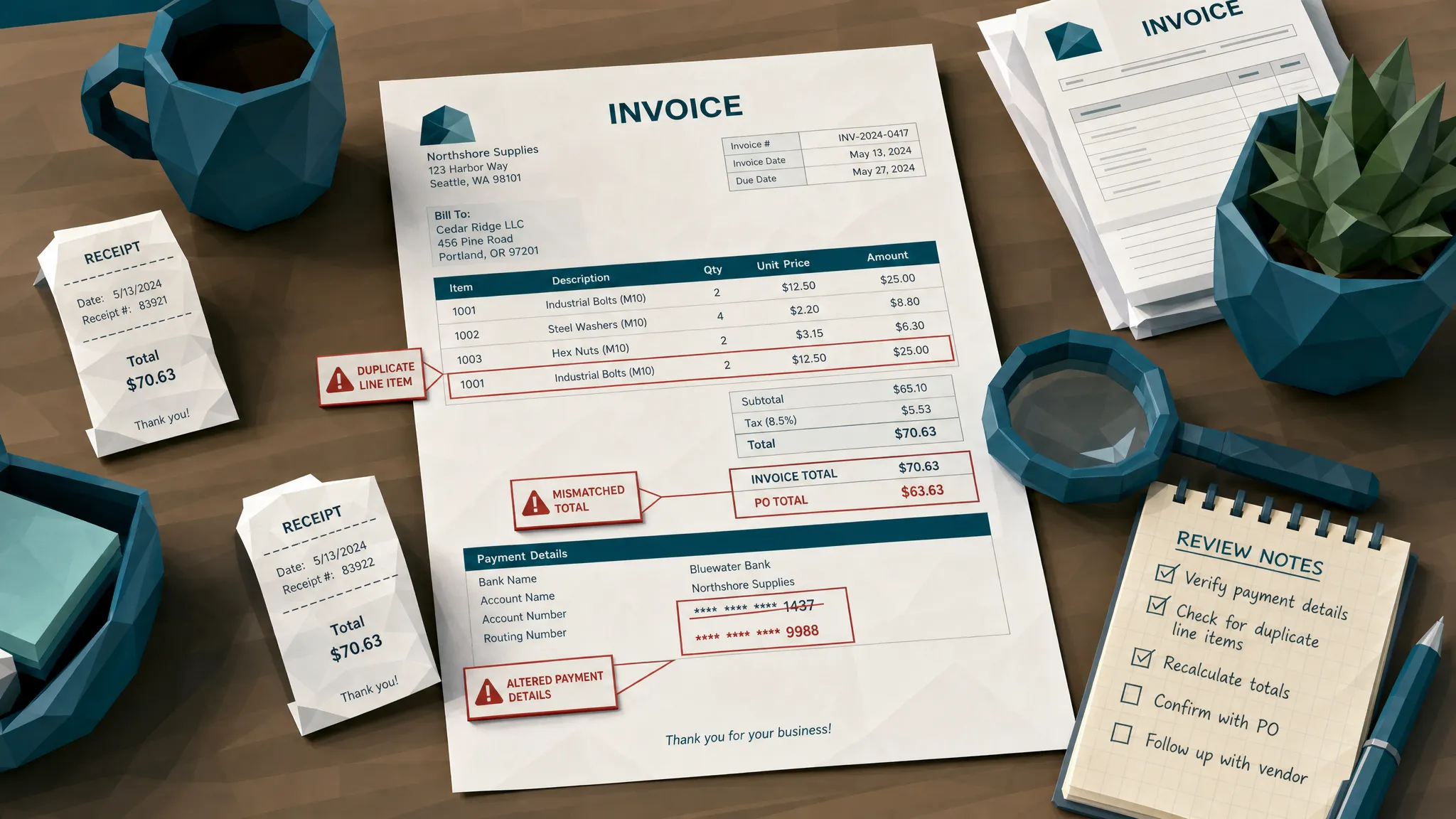 A tabletop with several printed invoices and receipts spread out, one invoice marked with subtle warning signs around altered payment details, mismatched totals, and duplicated line items. A magnifying glass and a notebook with review notes sit nearby.