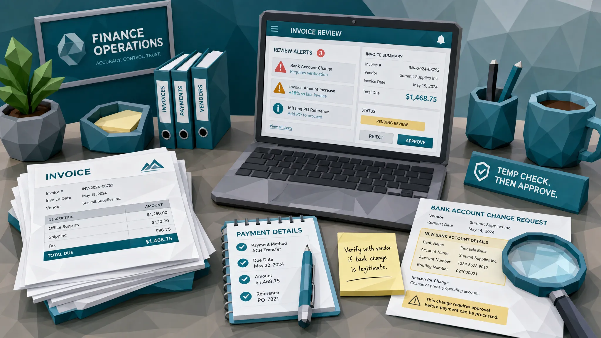 A finance operations desk with printed invoices, a laptop showing invoice review alerts, payment detail notes, and a highlighted bank account change being checked before approval.