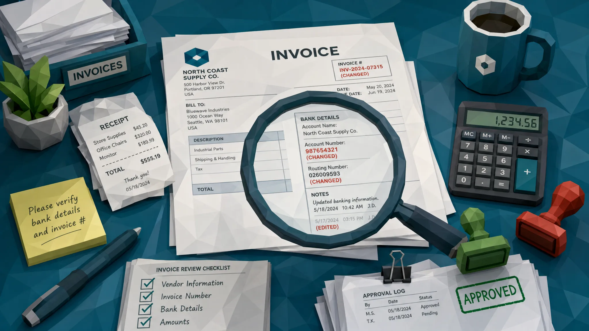 A desk covered with printed invoices, receipts, approval stamps, and a magnifying glass highlighting changed bank details, invoice numbers, and faint edit marks on one document.