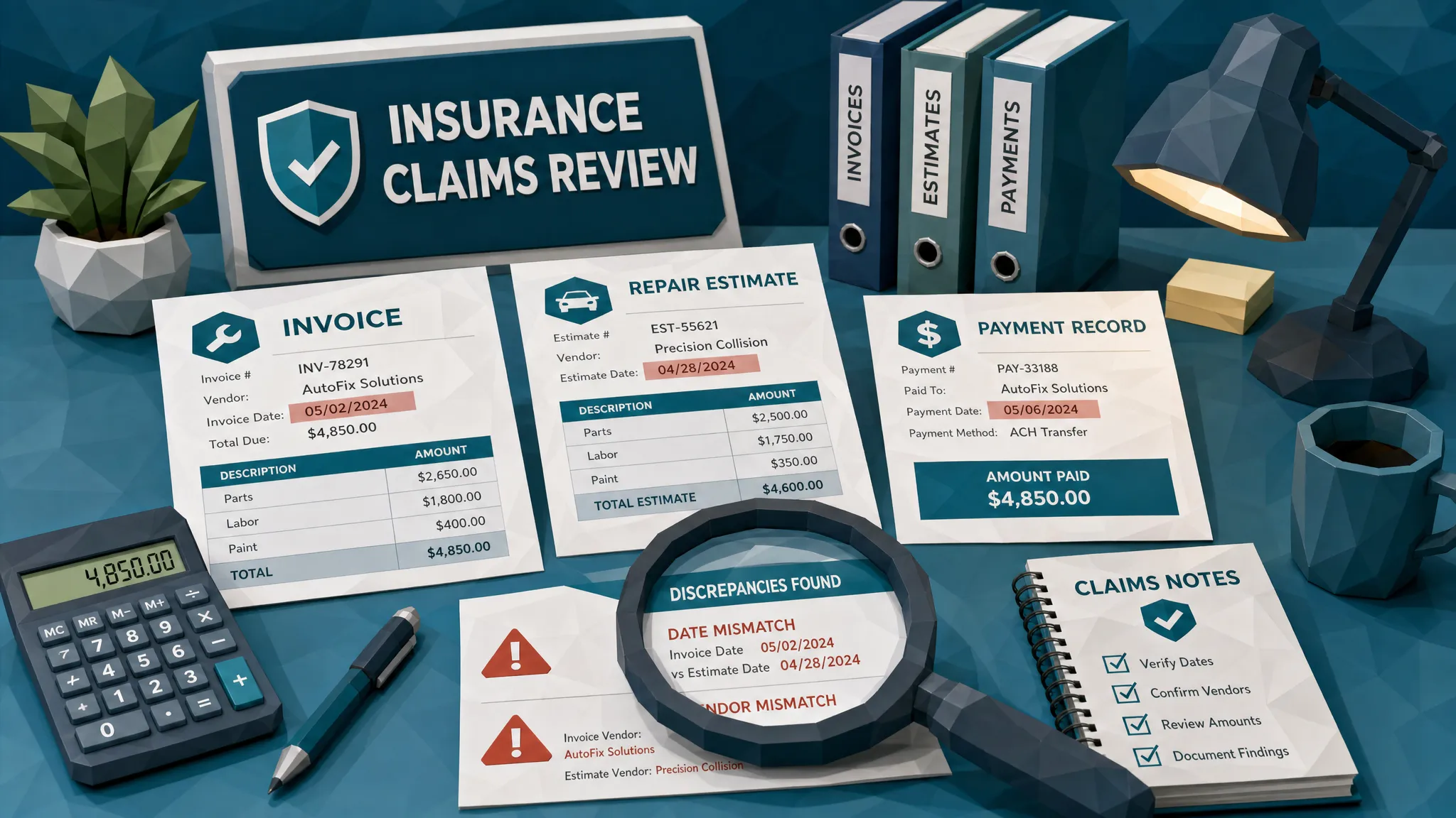An insurance claims review desk with printed invoices, repair estimates, a payment record, and a magnifying glass highlighting mismatched dates and vendor details.