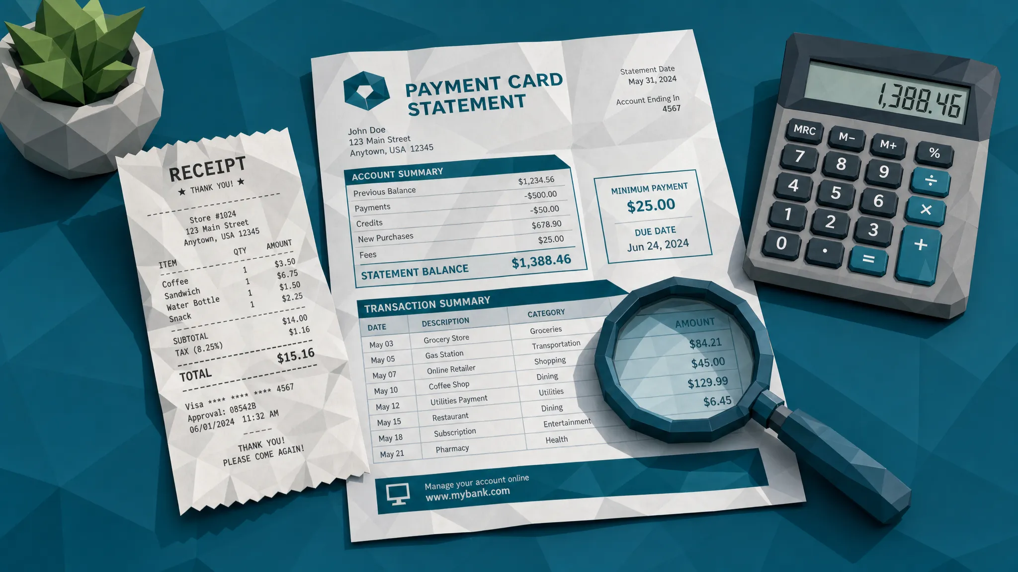 A printed receipt lying beside a payment card statement, a calculator, and a magnifying glass, with visible paper folds, soft shadows, and ink texture.