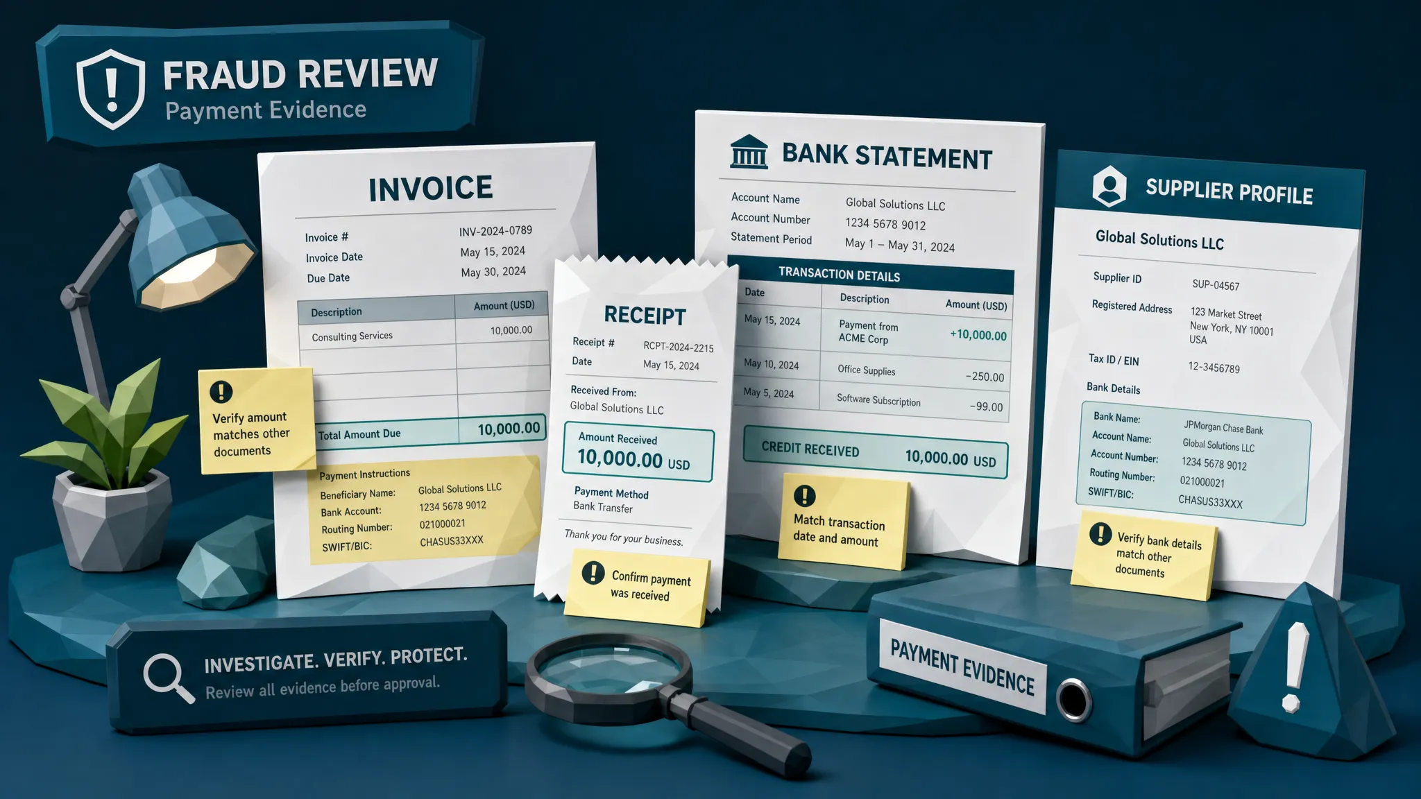 Printed invoice, receipt, bank statement, and supplier profile arranged in a layered evidence display, with key payment fields highlighted for fraud review.