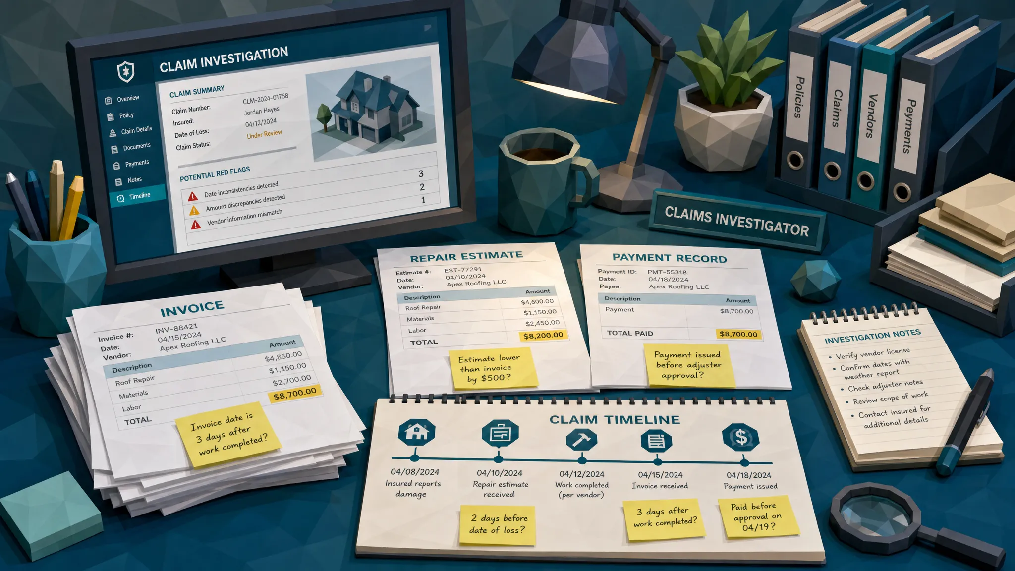 A claims investigator’s desk with printed invoices, repair estimates, payment records, and highlighted timeline notes showing small inconsistencies between dates, amounts, and vendor details.