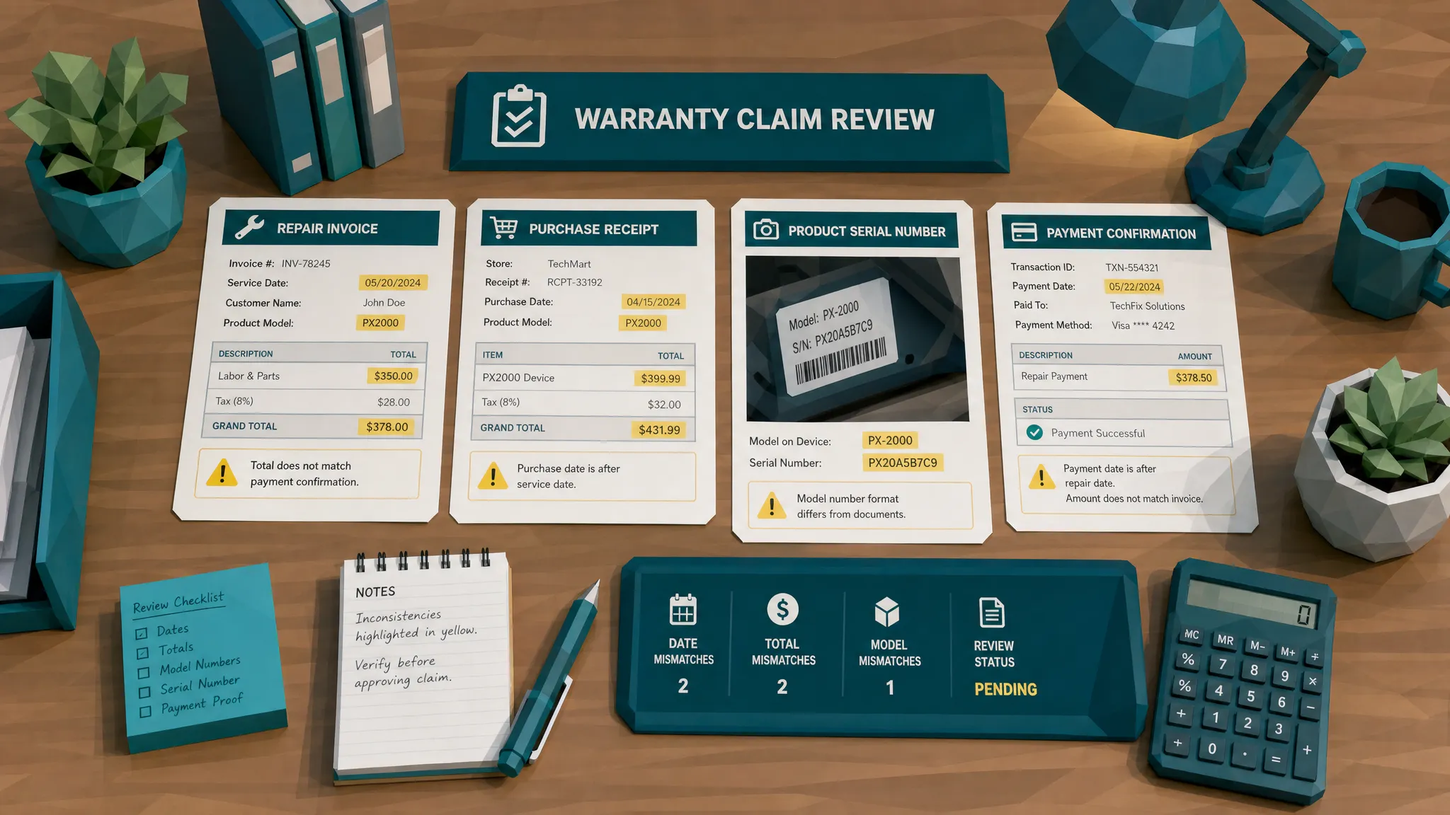 A desk with warranty claim documents spread out, including a repair invoice, purchase receipt, product serial number photo, and payment confirmation, with subtle highlighted inconsistencies in dates, totals, and model numbers, viewed from above in a neat review layout.