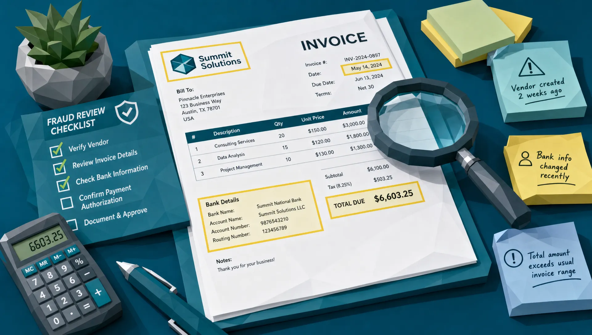 A printed invoice on a worktable with a magnifying glass, calculator, sticky notes, and highlighted areas around the total, bank details, date, and vendor logo, showing a layered fraud review process.
