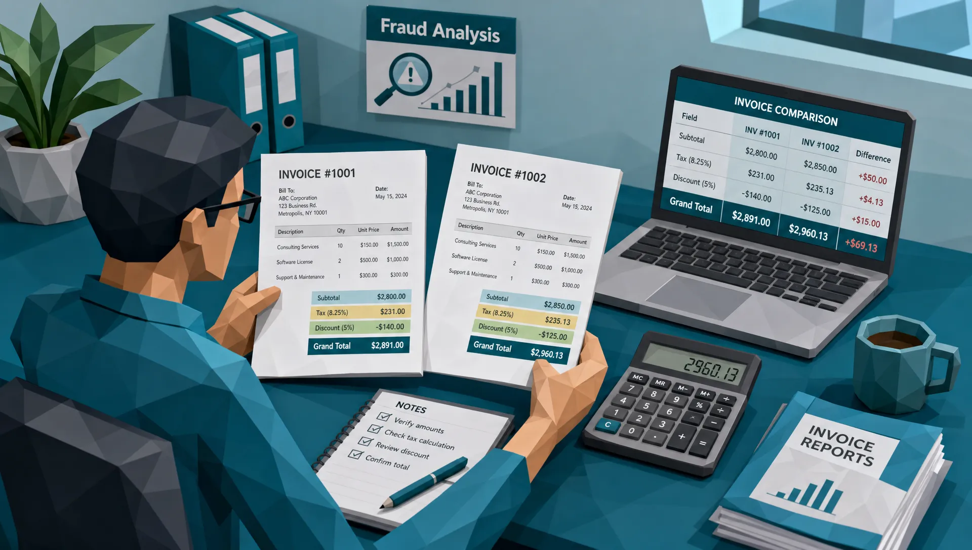 A fraud analyst compares printed invoices beside a calculator and laptop, with subtotal, tax, discount, and grand total fields highlighted for comparison.
