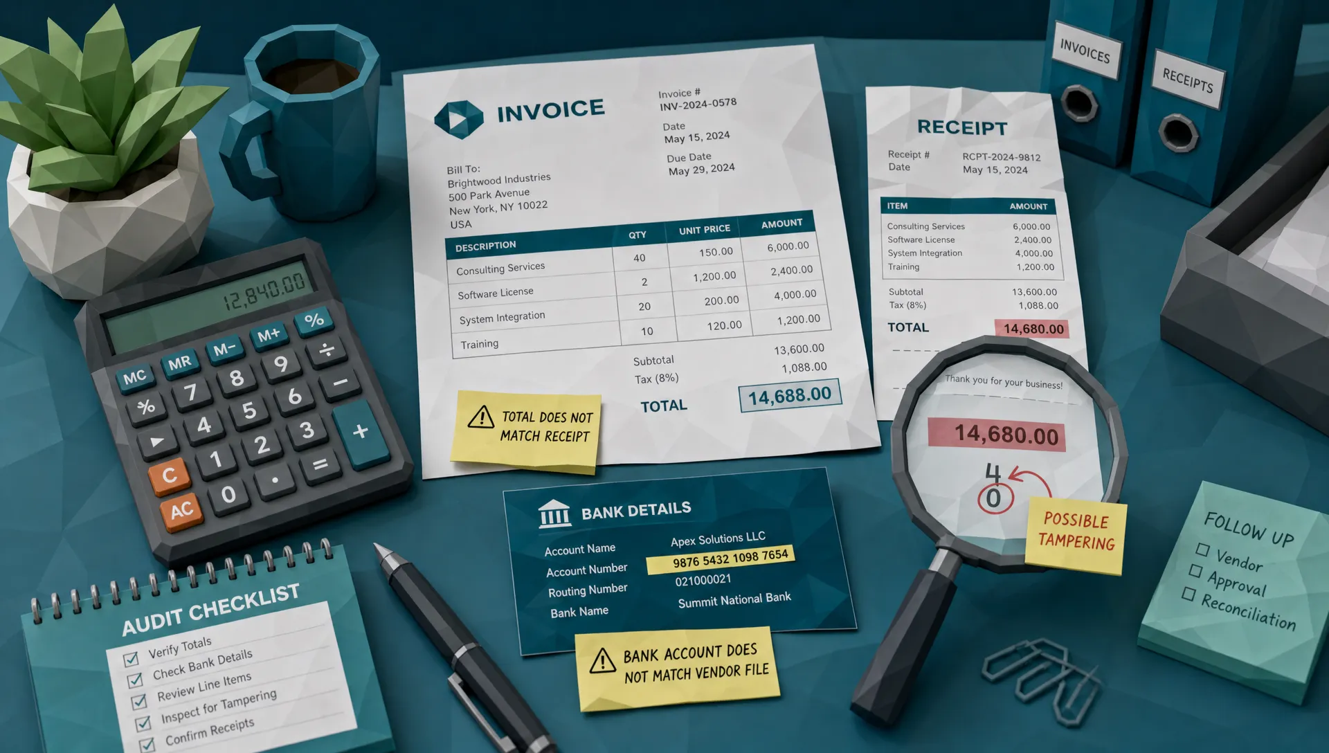 A finance desk with printed invoices and receipts, highlighted bank details, mismatched totals, a calculator, and a magnifying glass showing subtle document tampering clues.