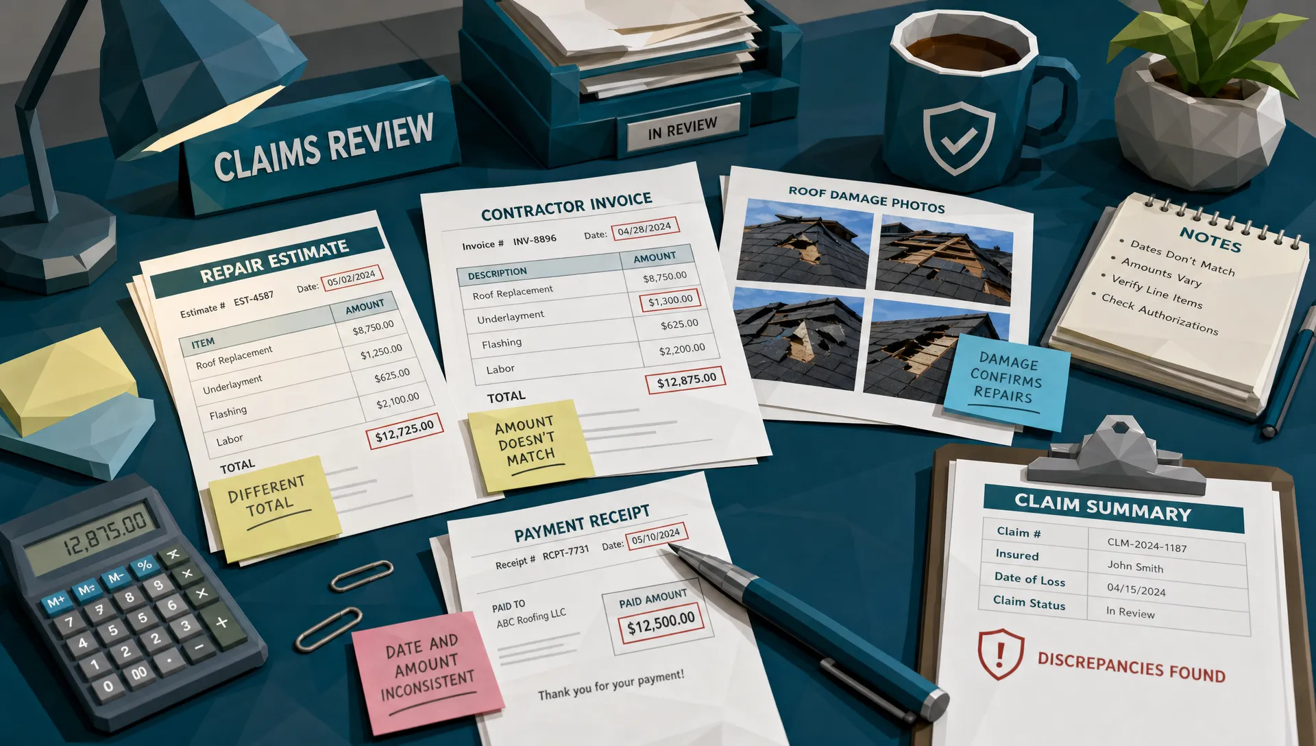 A cluttered claims review desk with printed repair estimates, contractor invoices, roof damage photos, and payment receipts spread out for comparison. A pen points to date and amount inconsistencies across the documents.