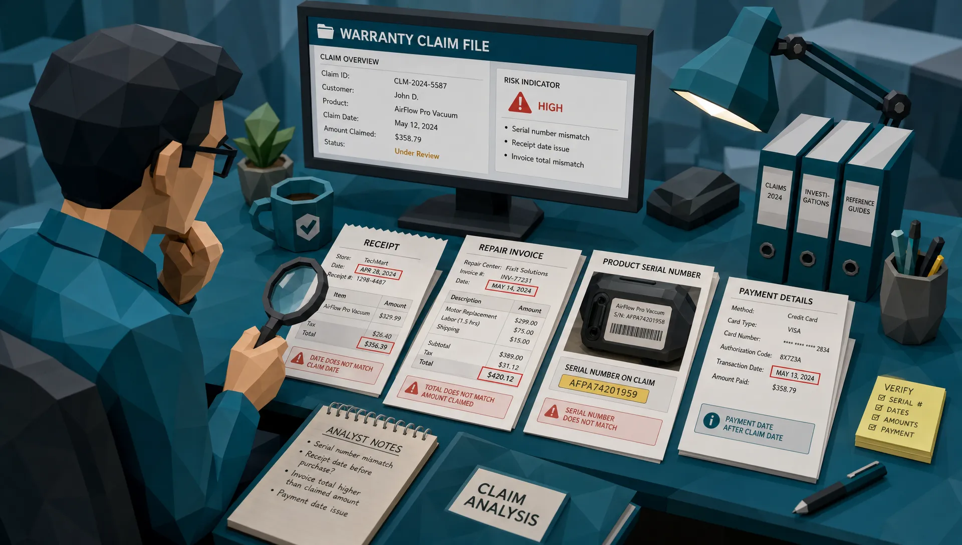 A claims fraud analyst reviews a warranty claim file with a receipt, repair invoice, product serial number photo, and payment details laid out on a desk, with subtle inconsistencies highlighted in the documents.