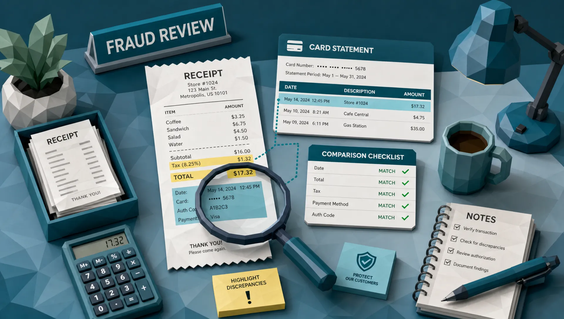 A fraud review desk with printed receipts, a magnifying glass, payment card statement snippets, and highlighted receipt lines showing totals, dates, taxes, and payment details being compared.