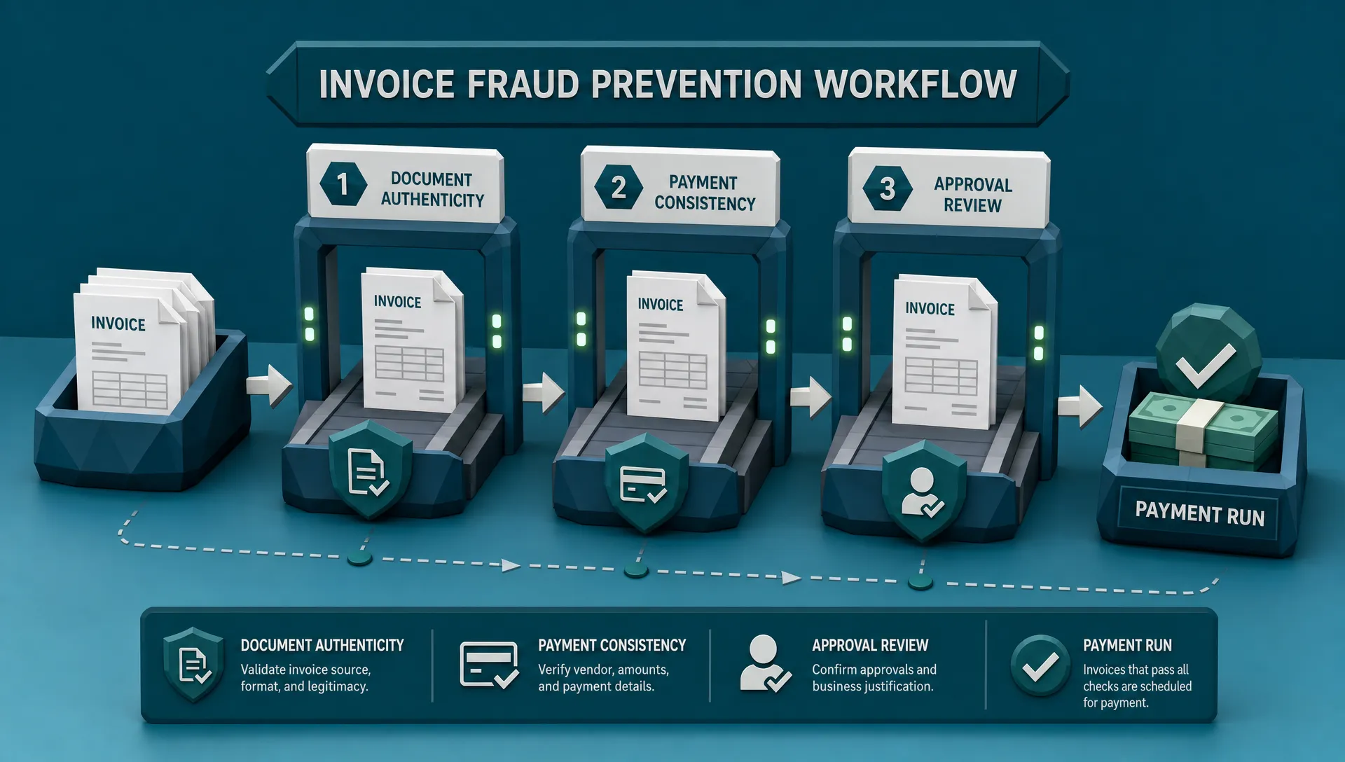 A simple visual of invoices moving through three fraud checkpoints, document authenticity, payment consistency, and approval review, before reaching a payment run, shown as a horizontal workflow with three labeled gate cards and a payment tray at the end.