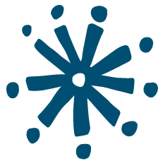 Blue starburst shape with eight main arms and smaller circles around each arm tip.