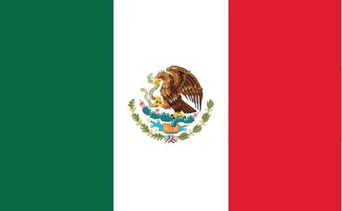 Flag of Mexico with vertical green, white, and red stripes and an eagle holding a snake on a cactus in the center.