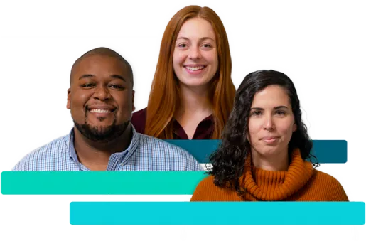 Three diverse people smiling in front of abstract teal and blue rectangular graphics.