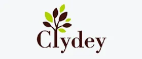 Clydey brand logo with stylized brown and green leaves above the name.