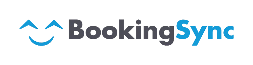 BookingSync logo with smiling face icon formed by two upward arrows and a curved line.