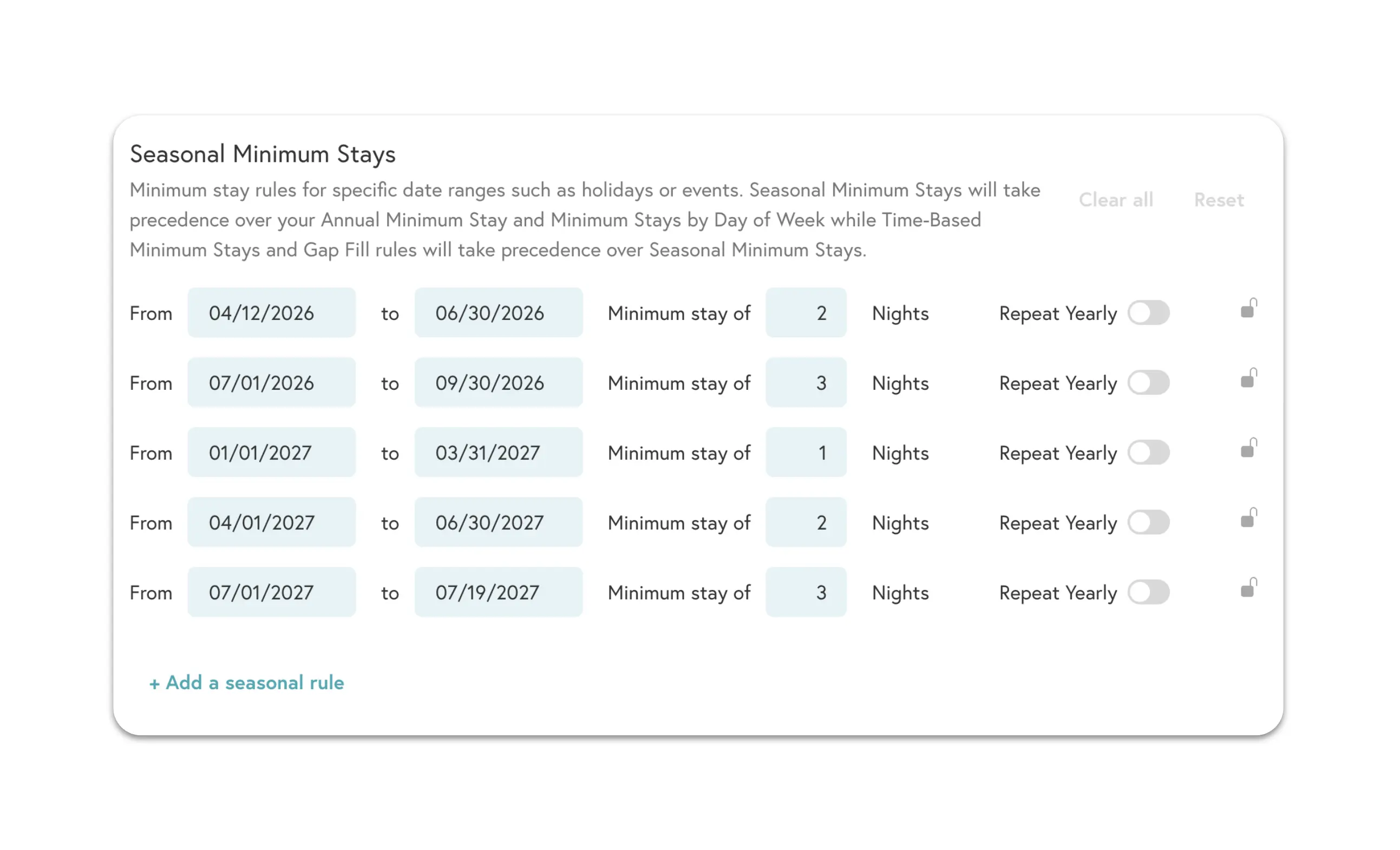 Beyond host seasonal minimum stay settings showing date-based rules for controlling booking length requirements across different times of year