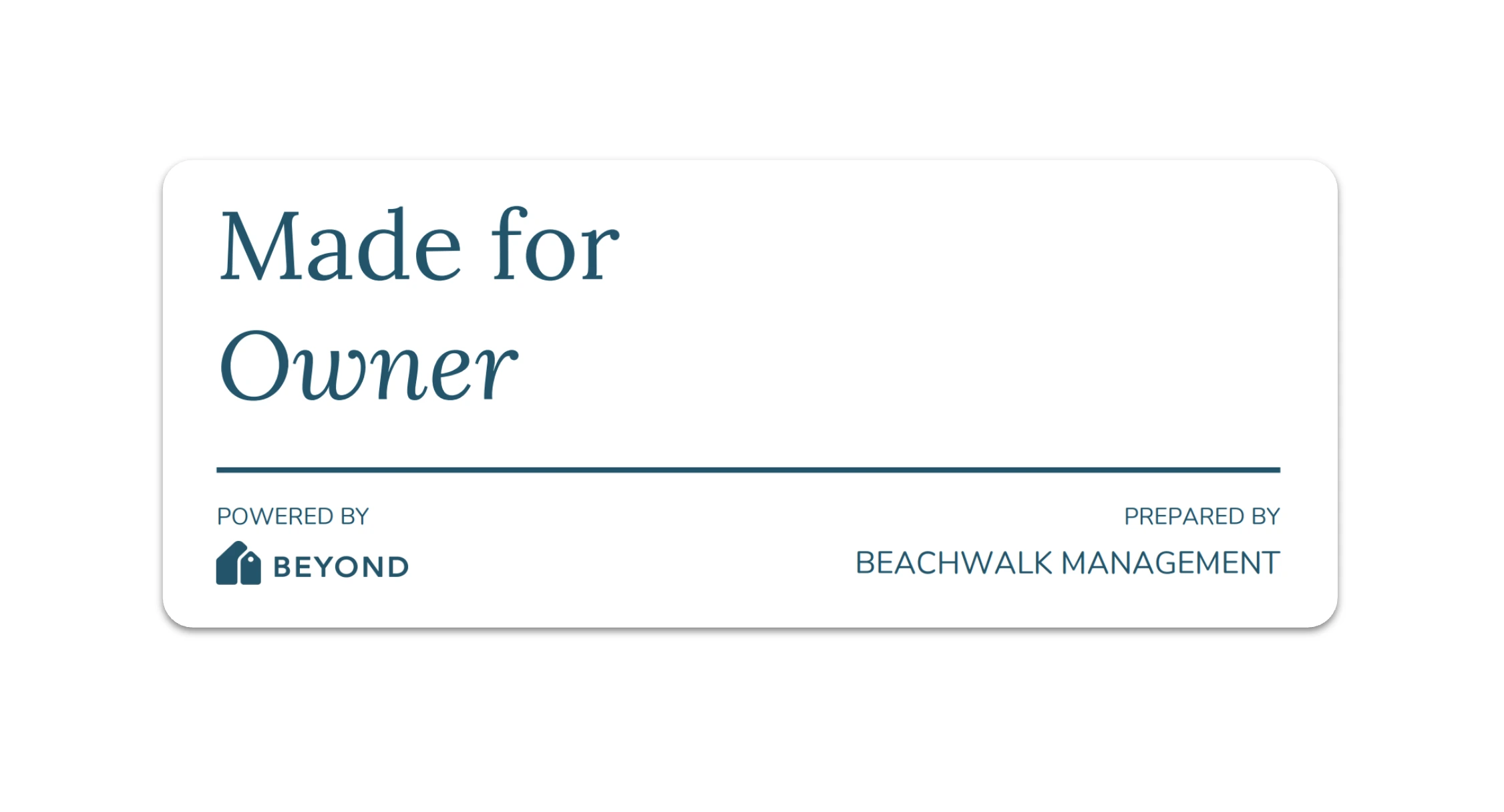 Beyond owner insights shareable report cover showing a branded performance report prepared by Beachwalk Management and powered by Beyond