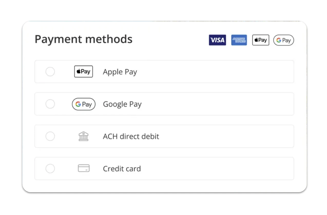 Beyond Signal direct booking site payment methods screen showing Apple Pay, Google Pay, ACH direct debit, and credit card options for vacation rental guests