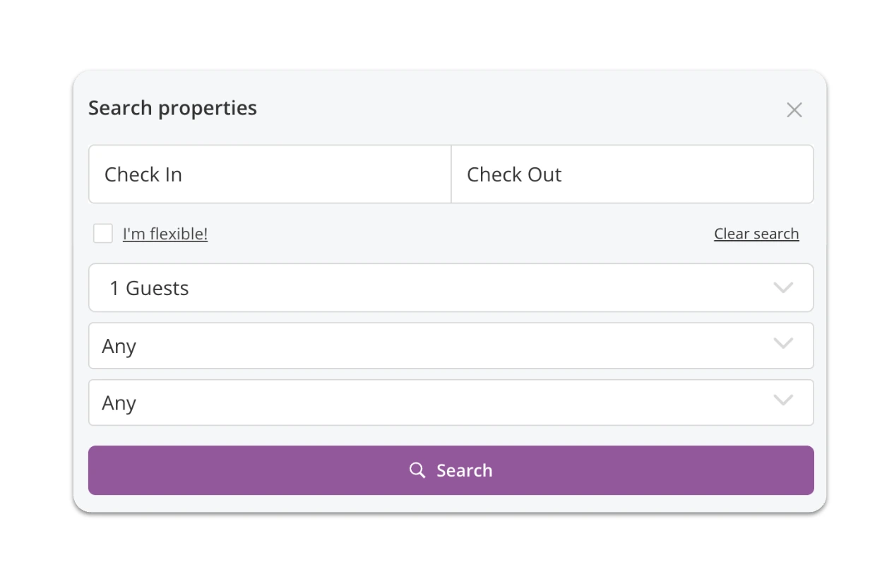 Beyond Signal direct booking site property search interface with check-in, check-out, and guest filter options for short-term rental bookings