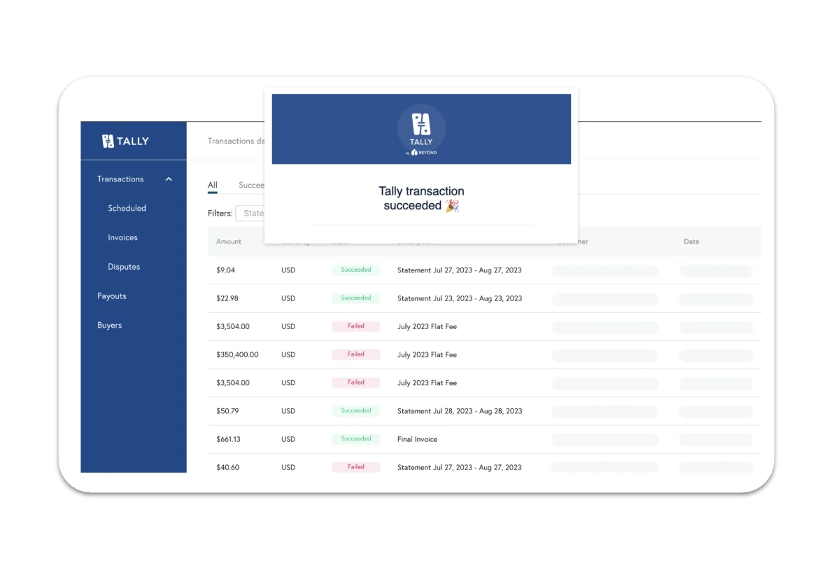 Tally by Beyond transaction dashboard showing billing statements, invoices, payouts, and payment status for short-term rental property managers