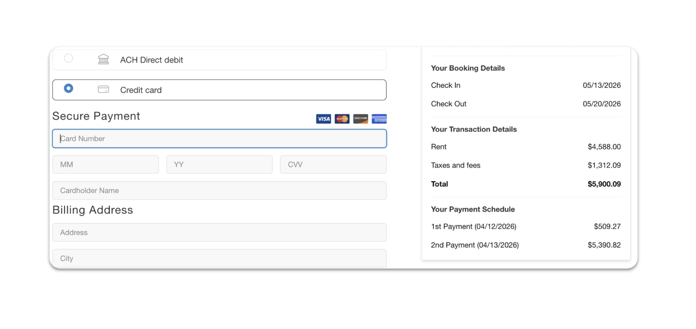 Beyond Signal direct booking site secure payment and booking summary screen showing credit card checkout, rent total, taxes, and payment schedule for a vacation rental