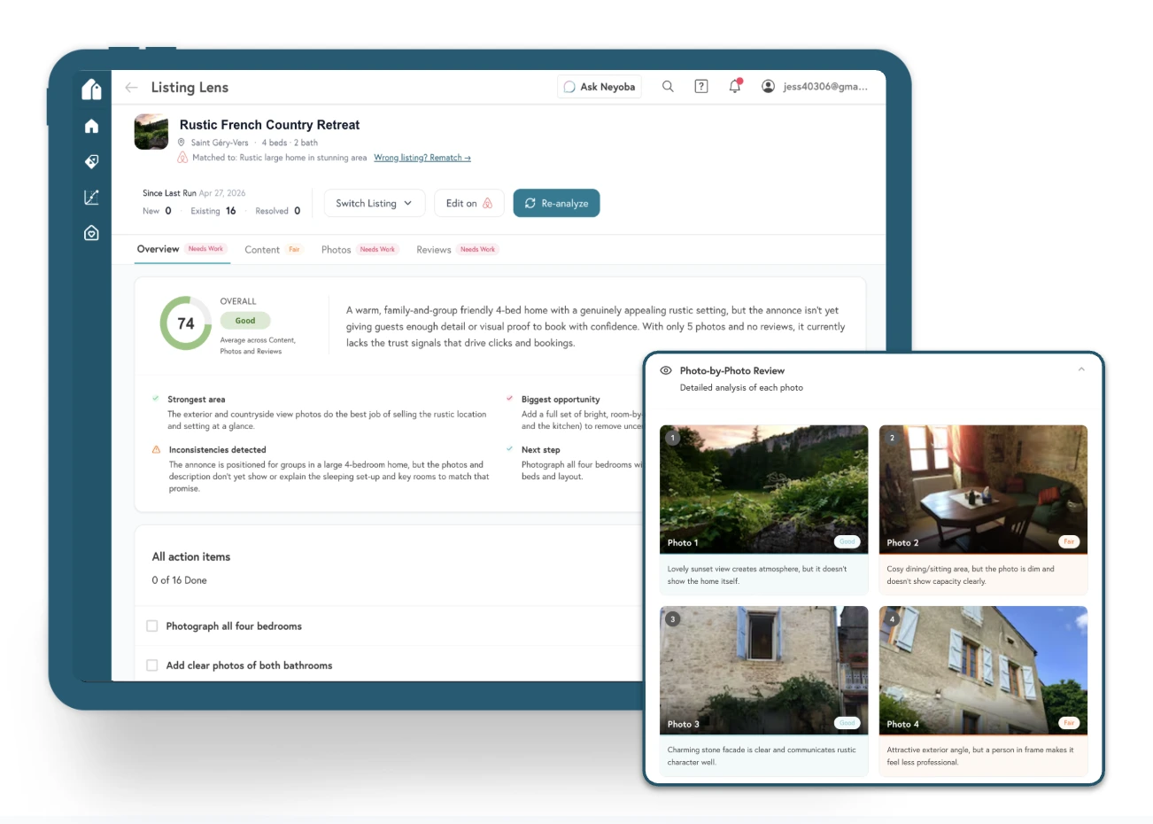 Dashboard showing Listing Lens analysis for a rustic French country retreat with photo-by-photo review and action items.