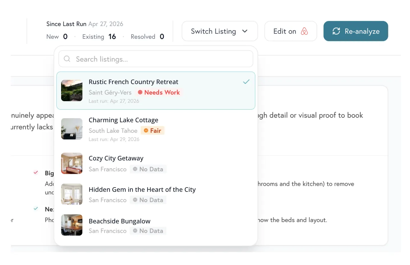 Dropdown menu showing property listings with status labels like 'Needs Work,' 'Fair,' and 'No Data.'