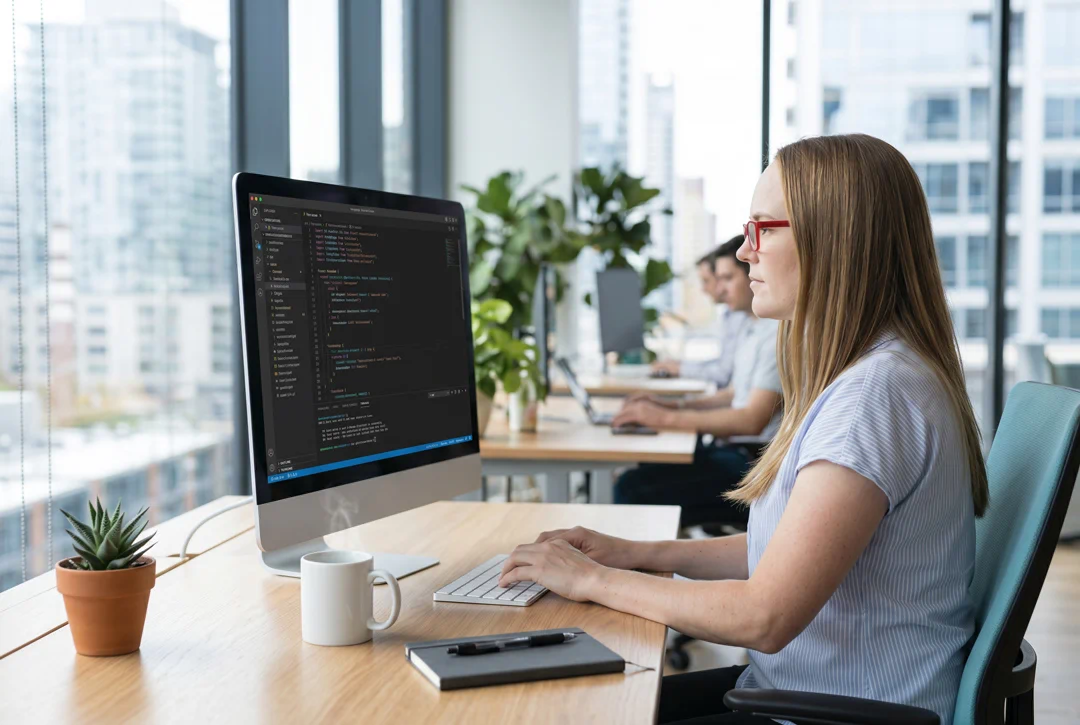A short-term rental developer coding in VS Code at a modern office desk using Beyond's API