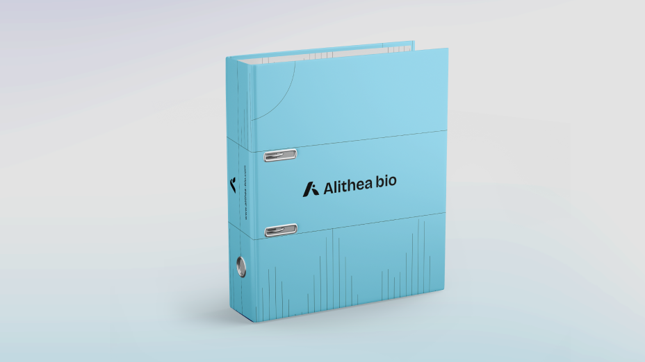 A biotech brand identity that helped Alithea look trustworthy and innovative while breaking away from the traditional visual language of its category.