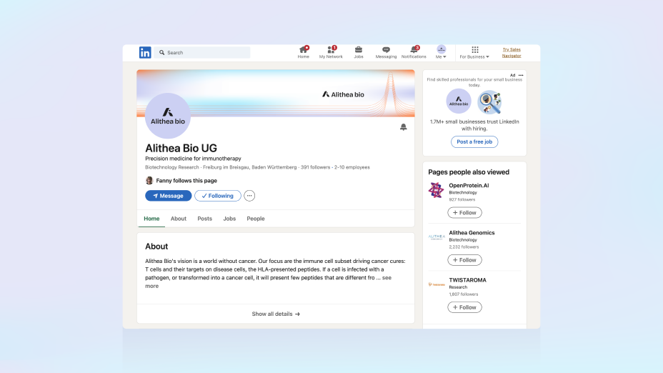 A biotech brand identity that helped Alithea look trustworthy and innovative while breaking away from the traditional visual language of its category.