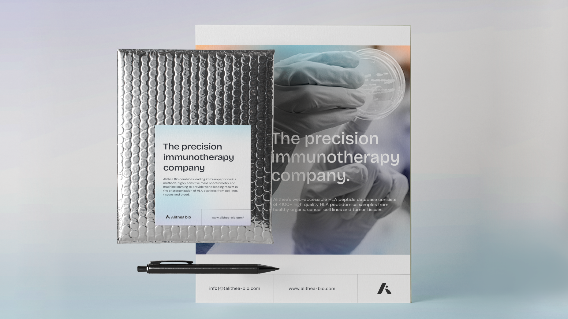 A biotech brand identity that helped Alithea look trustworthy and innovative while breaking away from the traditional visual language of its category.