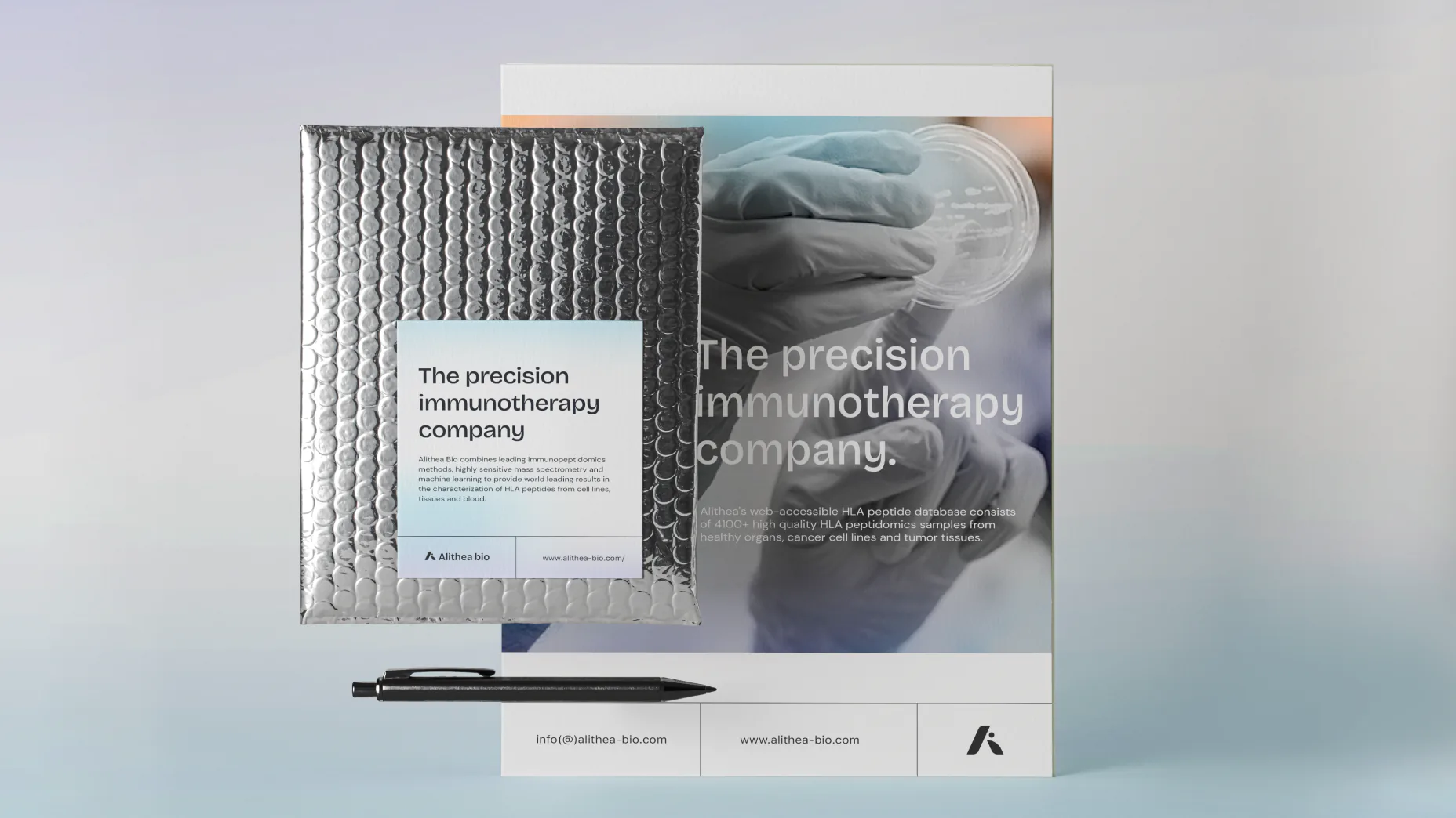A biotech brand identity that helped Alithea look trustworthy and innovative while breaking away from the traditional visual language of its category.
