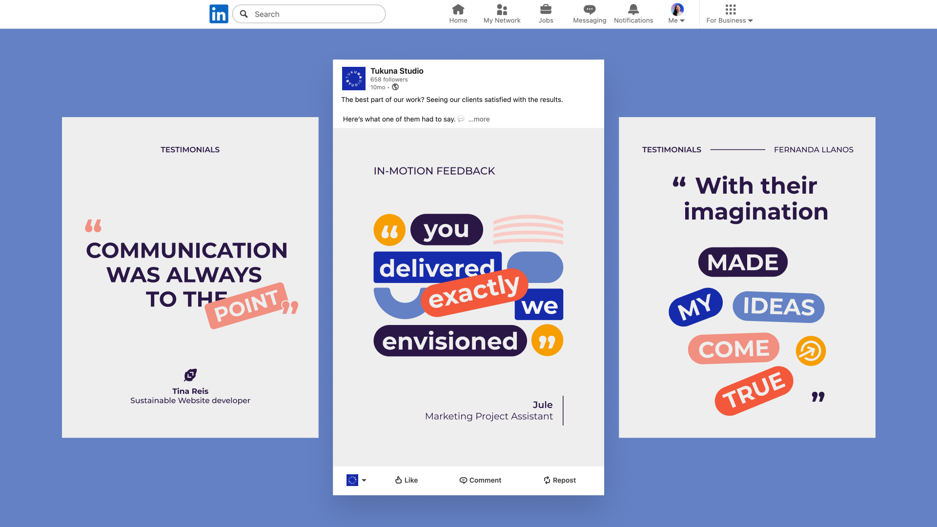 Three Tukuna Studio LinkedIn testimonial designs using bold typographic quotes on a blue background.
