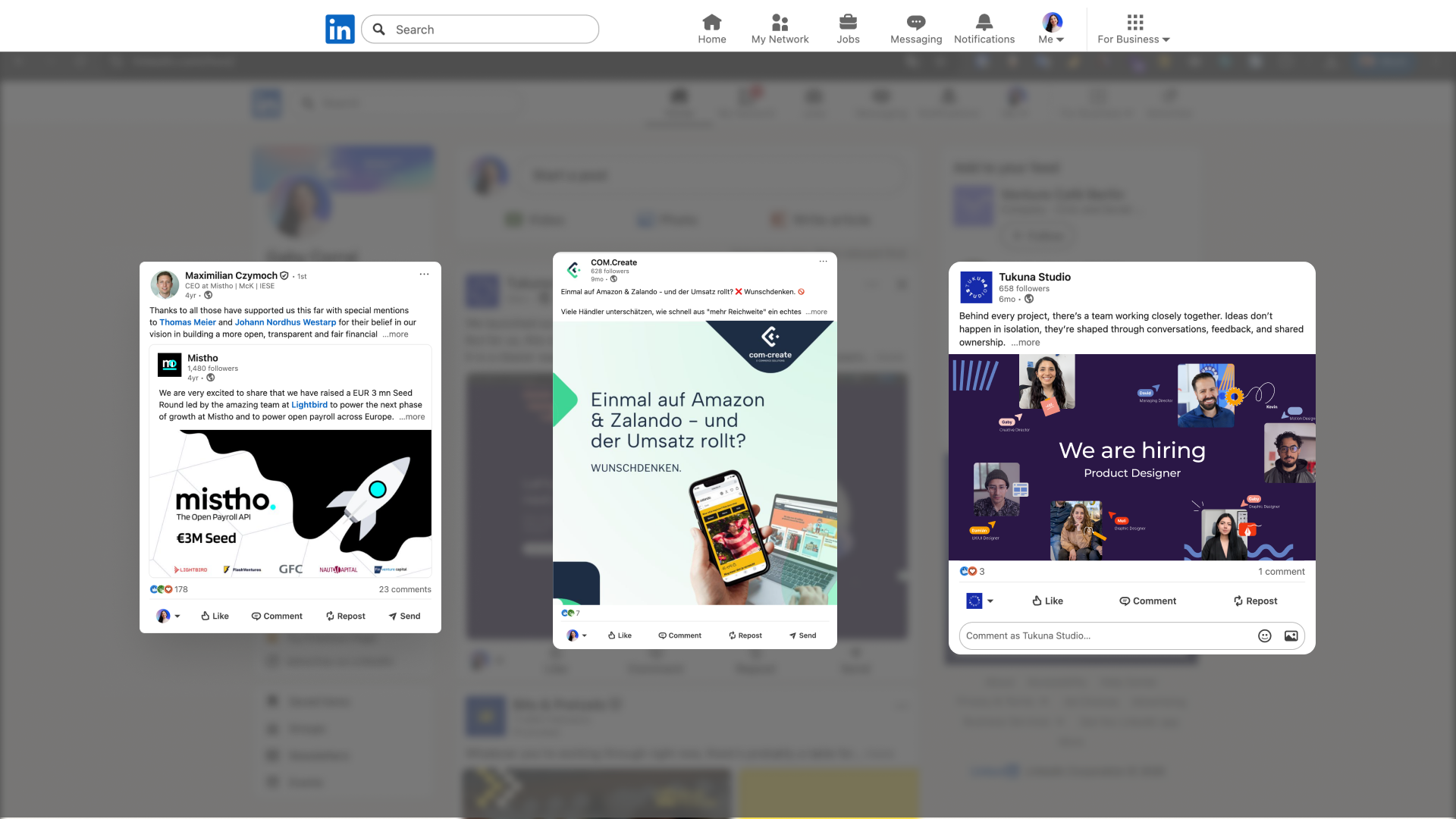 LinkedIn post designs for Mistho, COM.Create, and Tukuna Studio on a blurred feed background.