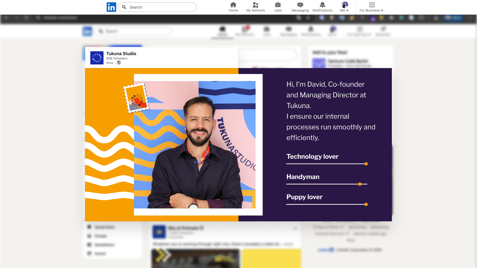 Tukuna Studio LinkedIn team introduction featuring David Cueva against orange, blue, and purple graphics.