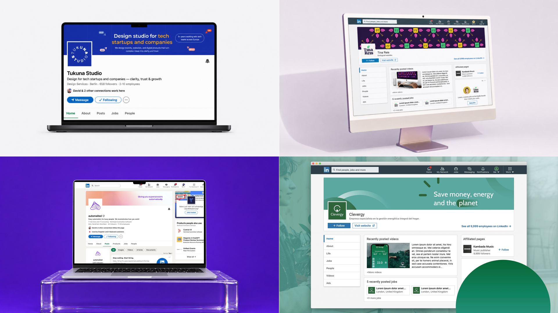 Four LinkedIn banner mockups displayed on laptops and desktop screens for Tukuna Studio clients.
