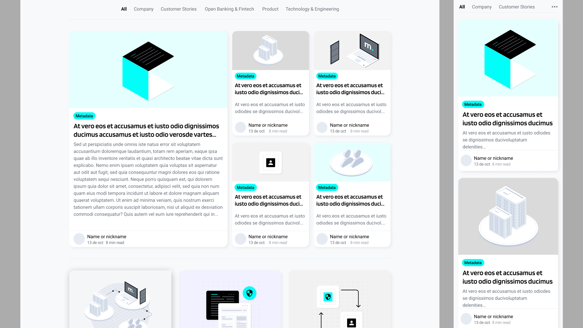 Responsive blog card layout with technical illustrations shown on desktop and mobile